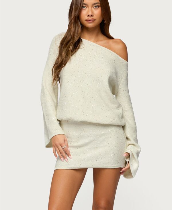 【送料無料】 アディクテッド レディース ワンピース トップス Women's One Shoulder Sequin Knit Mini Dress Cream|ReVida 店
