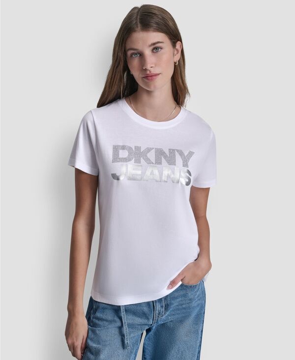 【送料無料】 ダナキャランニューヨーク レディース Tシャツ トップス Women's Crew Neck Stacked Rhinestone T-Shirt White/silver Silver