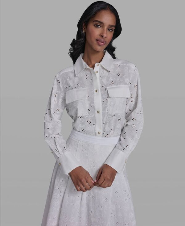 【送料無料】 カール ラガーフェルド レディース シャツ トップス Women's Collared Eyelet Long-Sleeve Blouse Soft White