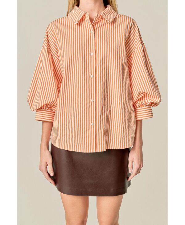 【送料無料】 イングリッシュファクトリー レディース シャツ トップス Women's Striped Ballon Sleeves Shirt Orange