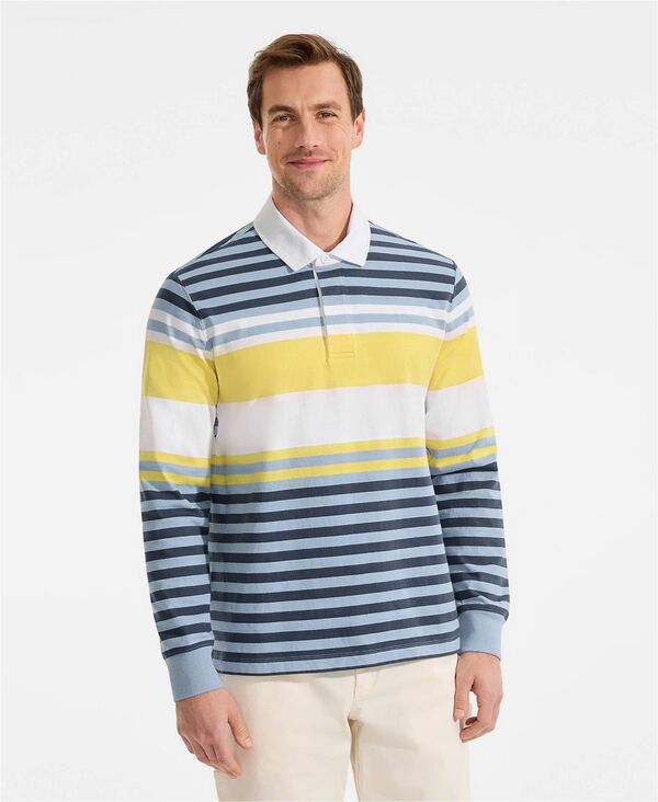 【送料無料】 ランズエンド メンズ ポロシャツ トップス Men's Long Sleeve Stripe Rugby Shirt Deep ocean/yellow stripe