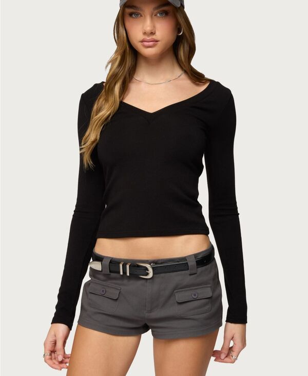 【送料無料】 アディクテッド レディース シャツ トップス Women's Larna V Neck Ribbed T Shirt Black｜ReVida 店