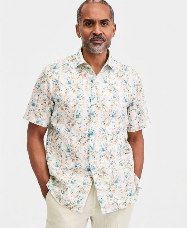 【貨物輸送無料】 野球クラブお部屋 メンズ プルオーバー トップス Men\u0027s Floral Linen Short-Sleeve Shirt Oleo Floral Print - Winter Ivory