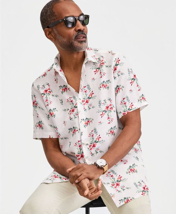 【貨物輸送無料】 野球クラブお部屋 メンズ プルオーバー トップス Men\u0027s Short-Sleeve Linen Shirt Journal Floral Print  - Bright White