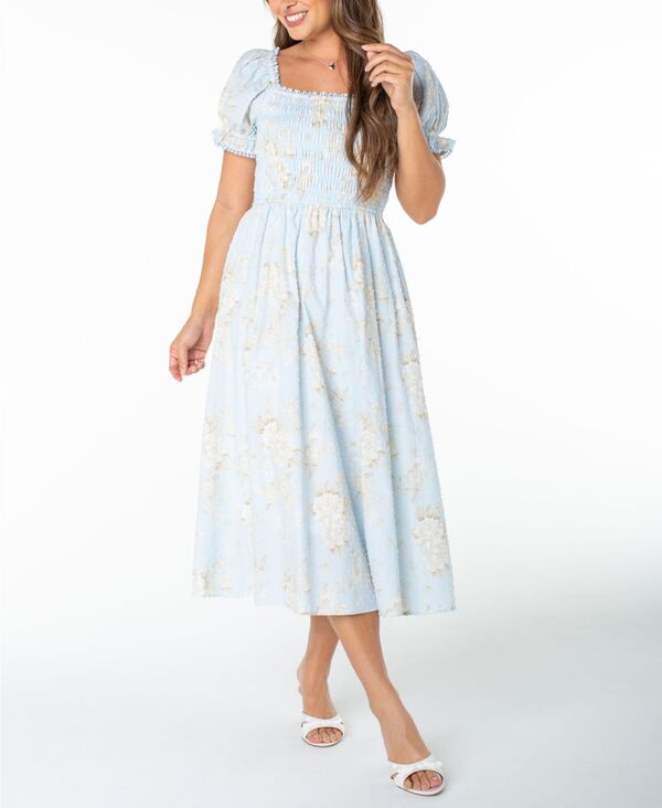 【送料無料】 セレブリティピンク レディース ワンピース トップス Juniors' Textured Floral Printed Puff-Sleeve Midi Dress Lt Blue Floral