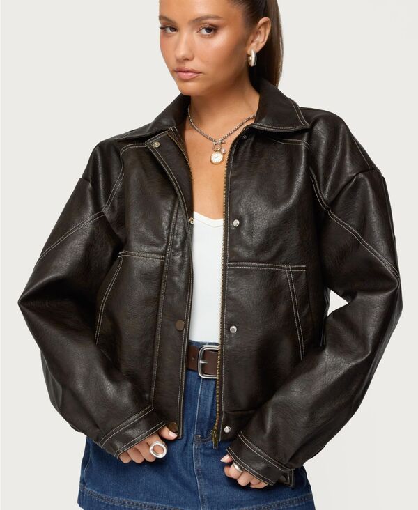 【送料無料】 アディクテッド レディース ジャケット・ブルゾン アウター Women's Jaxson Oversized Faux Leather Bomber Jacket Dark-brown
