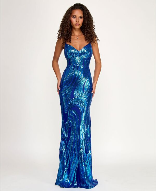 【送料無料】 エメラルドサンデー レディース ワンピース トップス Juniors' Deep V-Neck Lace-Up Back Gown Royal aqua|ReVida 店