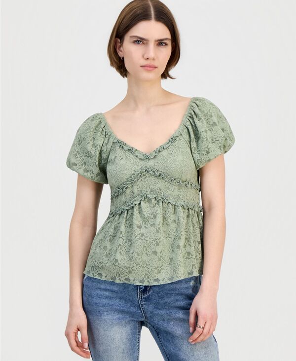 【送料無料】 マッデンガール レディース シャツ トップス Juniors' Lace Puff-Sleeve Babydoll Top Desert Sage