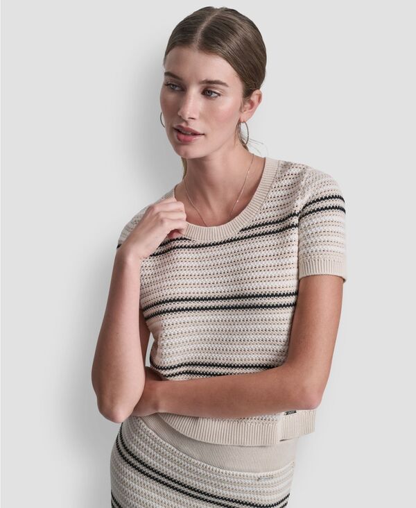 【送料無料】 ダナキャランニューヨーク レディース ニット・セーター アウター Women's Scoop Neck Striped Pointelle Sweater Natural/ivory/black