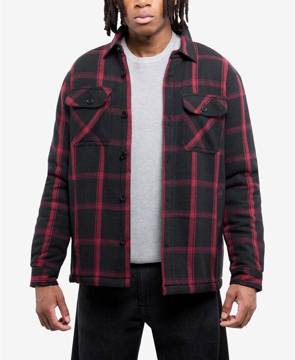 【送料無料】 エックスレイ メンズ ジャケット・ブルゾン アウター Men's Cotton Plaid Flannel Button-Up Shirt Jacket With Faux Shearling Lining Black/burgundy