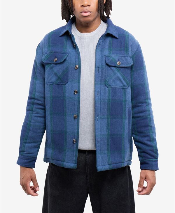 【送料無料】 エックスレイ メンズ ジャケット・ブルゾン アウター Men's Cotton Plaid Flannel Button-Up Shirt Jacket With Faux Shearling Lining Blue/green