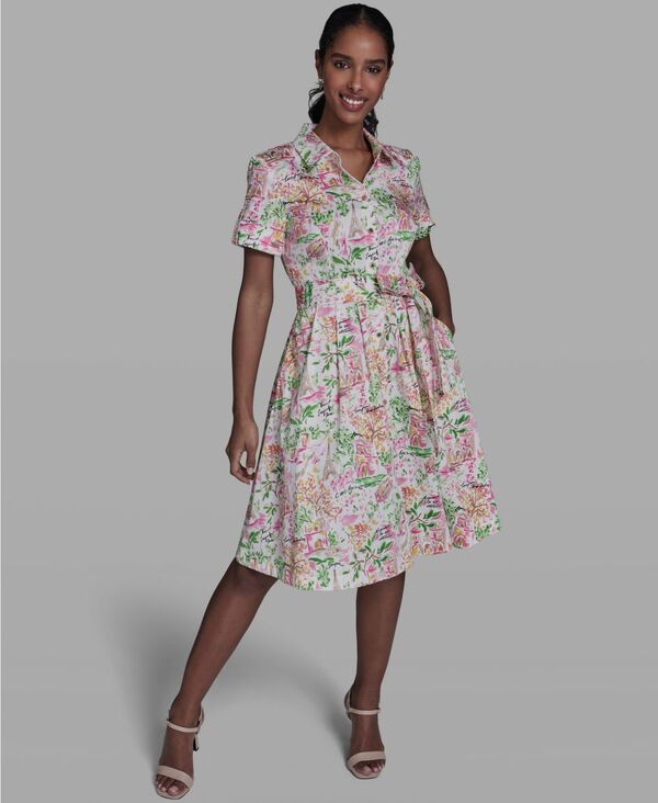 【送料無料】 カール ラガーフェルド レディース シャツ トップス Women's Printed Short-Sleeve Tie-Waist Collared Shirt Dress Soft White/Pink Carnation Multi