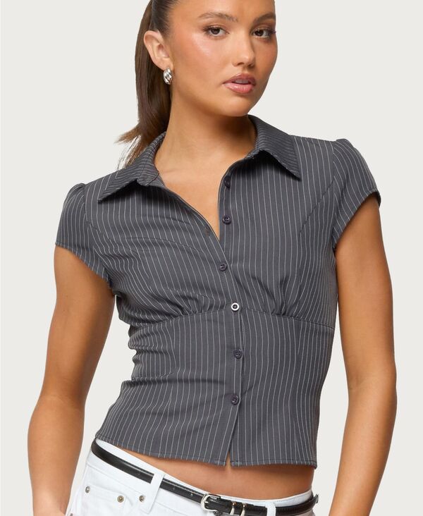 【送料無料】 アディクテッド レディース シャツ トップス Women's Juney Pinstripe Tailored Button Up Shirt Grey|ReVida 店