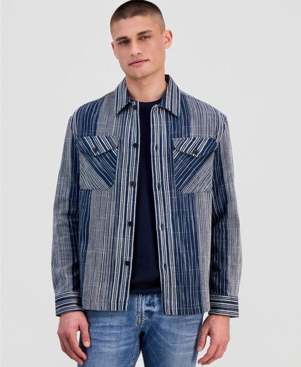 【送料無料】 ゲス メンズ シャツ トップス Men's Atlas Linear Jacquard Long-Sleeve Cotton Overshirt INDIGO MULTI