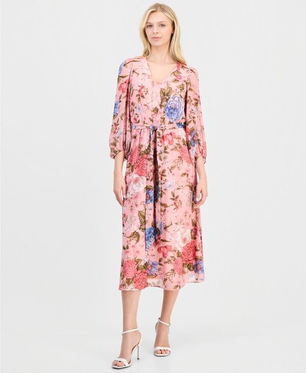 【送料無料】 アンクライン レディース ワンピース トップス Women's Belted V-Neck Dress CALYPSO CORAL MULTI (XX)