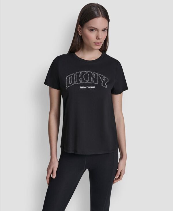 【送料無料】 ダナ キャラン ニューヨーク レディース Tシャツ トップス Women's Rhinestone Varsity Logo Relaxed Fit Pull-On T-Shirt Black