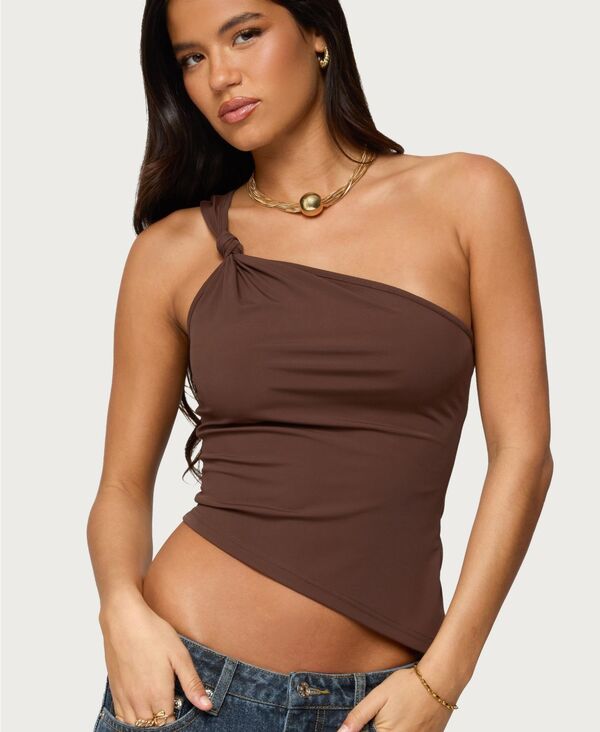【送料無料】 アディクテッド レディース シャツ トップス Women's Knotted One Shoulder Asymmetric Top Dark-brown