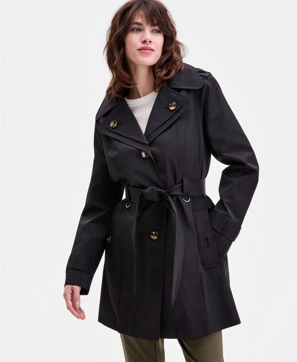 【送料無料】 ロンドンフォグ レディース ジャケット・ブルゾン アウター Women's Single-Breasted Hooded Belted Trench Coat BLACK