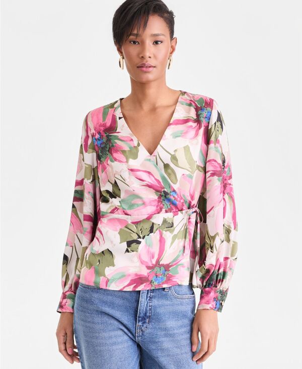 【送料無料】 アイ.エヌ.シー インターナショナル コンセプト レディース シャツ トップス Women's Long Sleeve Printed Wrap Blouse Farrah Bouq|ReVida 店