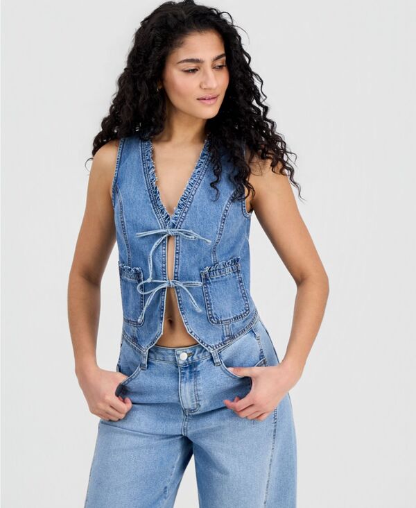 【送料無料】 アンドノウディス レディース ベスト トップス Women's Ruffled Tie-Front Denim Vest Medium Wash
