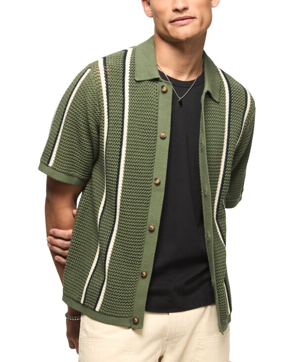 【貨物輸送無料】 ラッキーブランド メンズ 編み物・スウェーター アウター Men\u0027s Stripe Button-Front Short-Sleeve Sweater Laurel Wreath