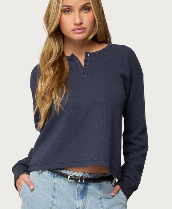 【送料無料】 アディクテッド レディース シャツ トップス Women's Deni Long Sleeve Henley Waffle Top Navy｜ReVida 店