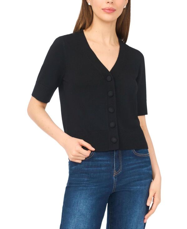 【送料無料】 セセ レディース ニット・セーター アウター Women's V-Neck Short-Sleeve Cardigan Rich Black
