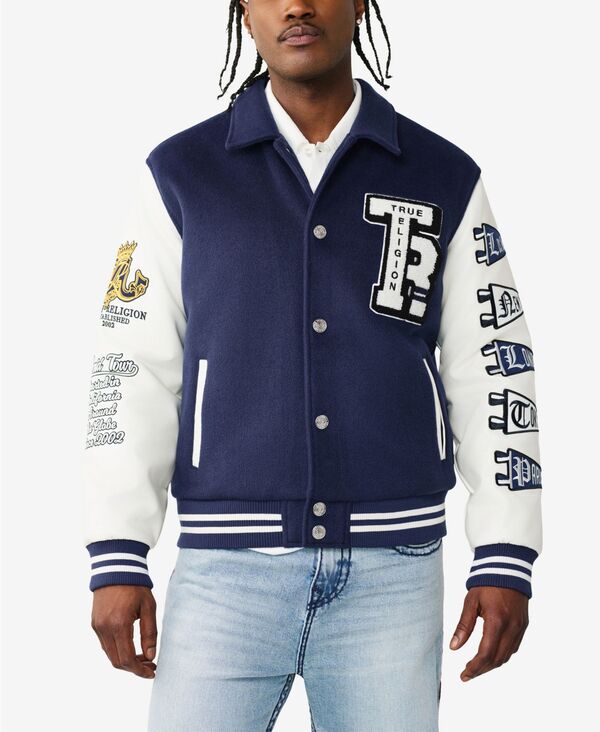 【送料無料】 トゥルーレリジョン メンズ ジャケット・ブルゾン アウター Men's Long-Sleeve Crest Varsity Jacket Midnight Blue 35,620円