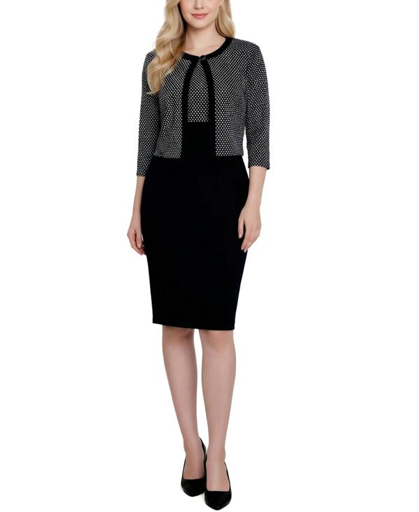 【送料無料】 ニューヨークコレクション レディース ジャケット・ブルゾン アウター Petite 3/4 Sleeve Jacket and Dress Set Black Ivory Dot
