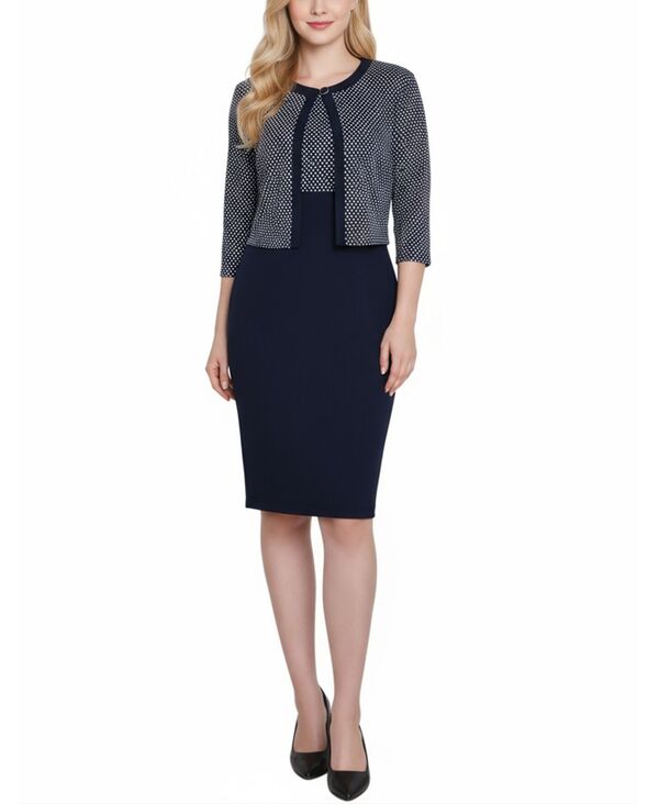【送料無料】 ニューヨークコレクション レディース ジャケット・ブルゾン アウター Petite 3/4 Sleeve Jacket and Dress Set Navy Ivory Dot