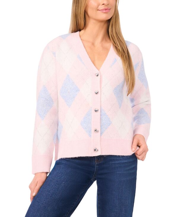 【送料無料】 セセ レディース ニット・セーター アウター Women's Argyle Long-Sleeve V-Neck Cardigan Sweater Pink Frost