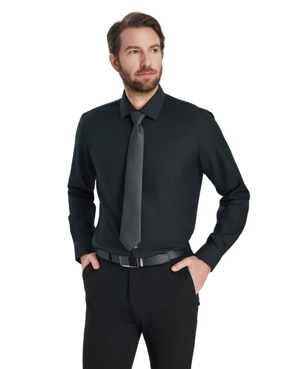 【送料無料】 アルファニ メンズ シャツ トップス Men's Herringbone Long-Sleeve Dress Shirt Deep Black Combo