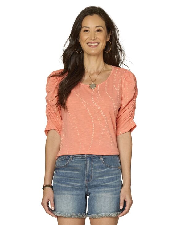 【送料無料】 デモクラシー レディース シャツ トップス Petite Printed Ruched-Sleeve Scoop-Neck Top Deep Coral
