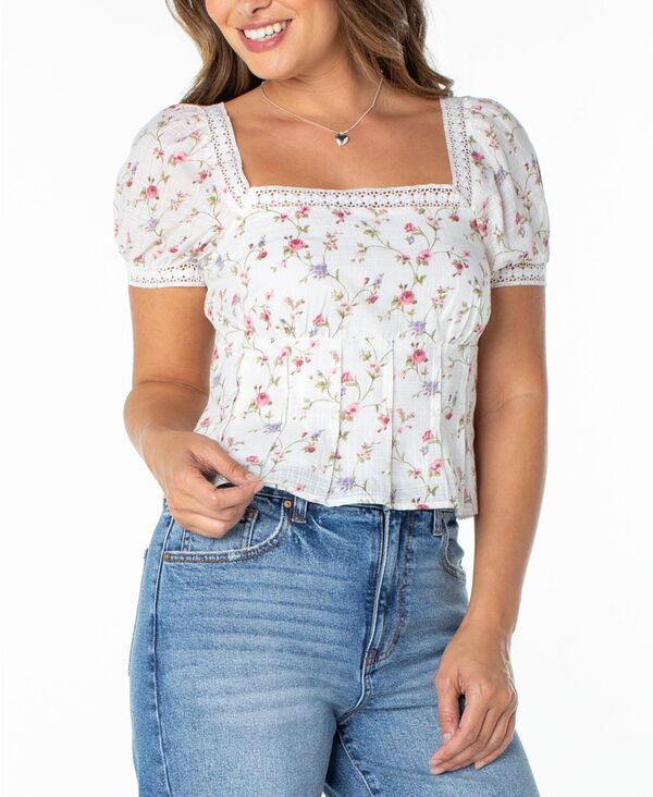 【送料無料】 セレブリティピンク レディース シャツ トップス Juniors' Lace-Trim Pleated Babydoll Top White Cashmere Rose