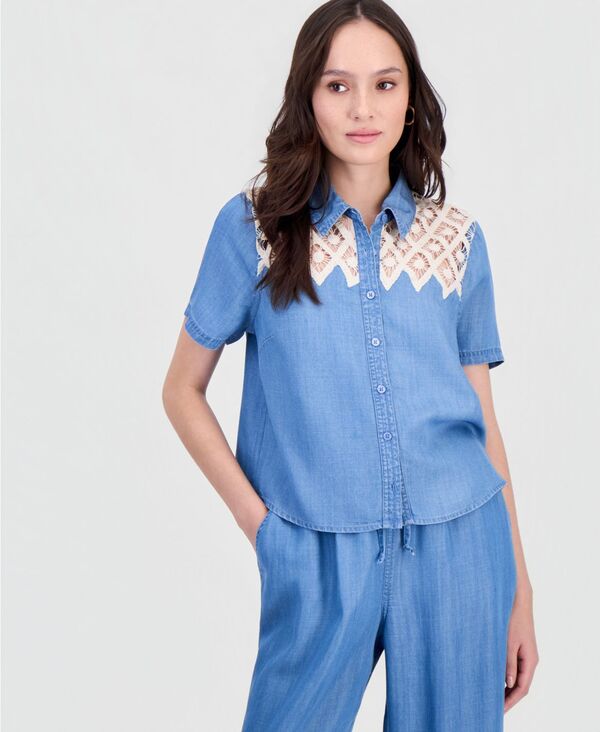 【送料無料】 アンドノウディス レディース シャツ トップス Petite Crochet-Inset Chambray Short-Sleeve Shirt Medium Wash