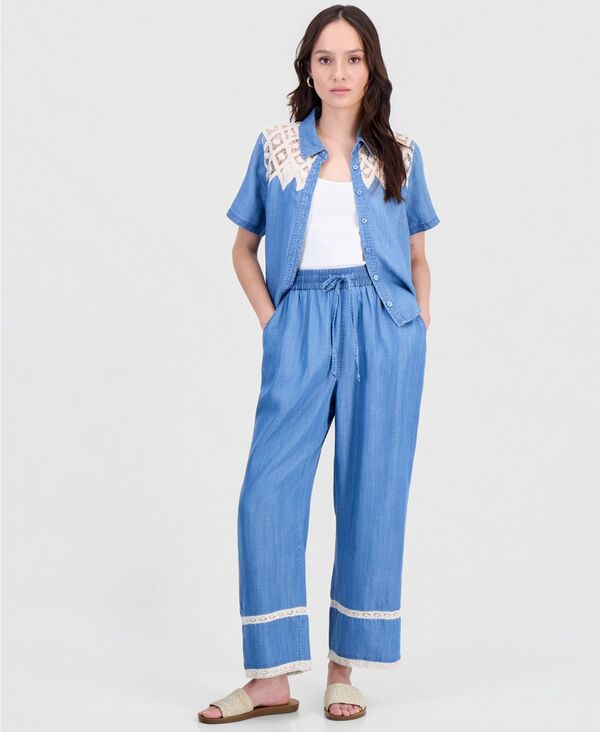 【送料無料】 アンドノウディス レディース カジュアルパンツ ボトムス Petite Crochet-Inset Chambray Drawstring Pants Medium Wash