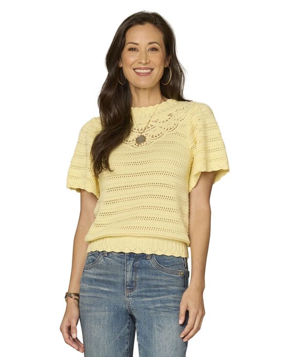 【送料無料】 デモクラシー レディース ニット・セーター アウター Petite Flutter Crochet Yoke Sweater Deep Lemon Lush