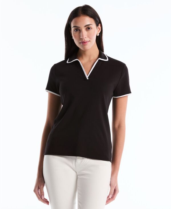 【送料無料】 ラファエラ レディース ポロシャツ トップス Petite Contrast Trim Johnny Collar Polo Shirt Black