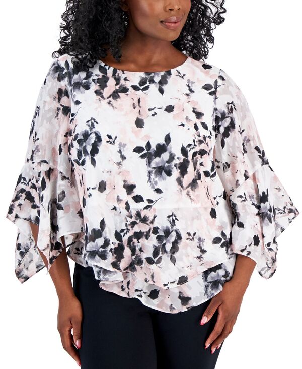 【送料無料】 アレックスイブニングス レディース シャツ トップス Plus Size Scoop-Neck Tiered Ruffled Blouse Ivory/Pink