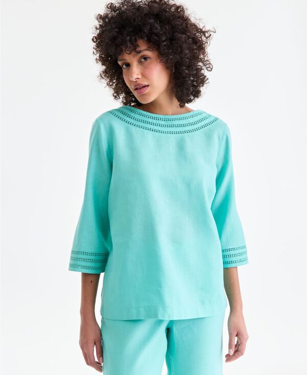 【送料無料】 チャータークラブ レディース シャツ トップス Women's 3/4-Sleeve 100% Linen Blouse Island Sea