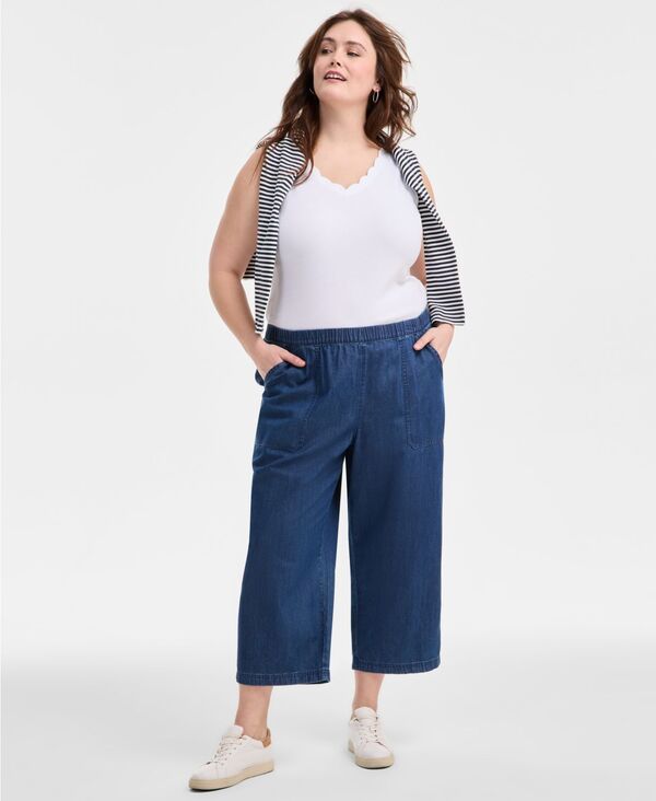 【送料無料】 スタイルアンドコー レディース カジュアルパンツ ボトムス Plus Size Chambray Pull-On Cropped Pants Dark Chambray