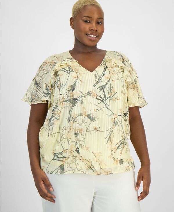 【送料無料】 アンクライン レディース シャツ トップス Plus Size Short-Sleeve Ruffled V-Neck Blouse Whisper Yellow Multi