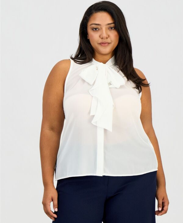 【送料無料】 タハリエーエスエル レディース シャツ トップス Plus Size Sleeveless Ruffled Bow Blouse Ivory