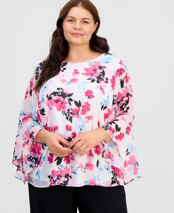 【送料無料】 カスパール レディース シャツ トップス Plus Size Floral Ruffled-Sleeve Blouse Pink Perfection Multi