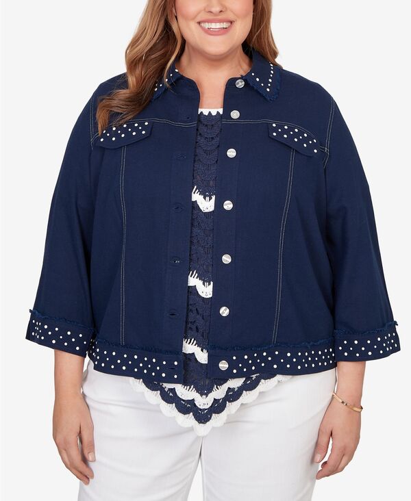 【送料無料】 アルフレッド ダナー レディース ジャケット・ブルゾン アウター Plus Size Port Side Pearl Trim Denim Jacket Navy 13,986円