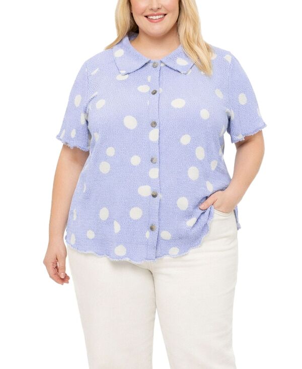 【送料無料】 コイン1804 レディース シャツ トップス Plus Size Polka Dot Crinkle Knit Button Short-Sleeve Button Shirt Blue/Ivory
