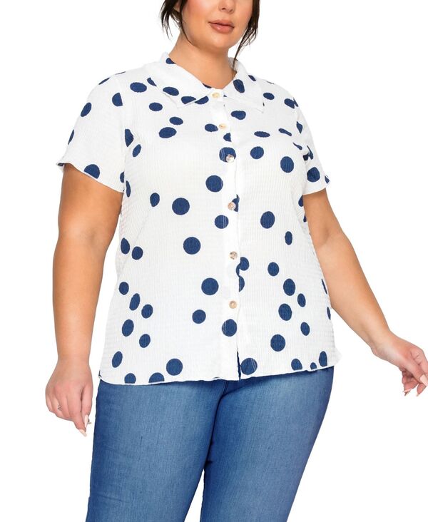 【送料無料】 コイン1804 レディース シャツ トップス Plus Size Polka Dot Crinkle Knit Button Short-Sleeve Button Shirt Ivory/Navy
