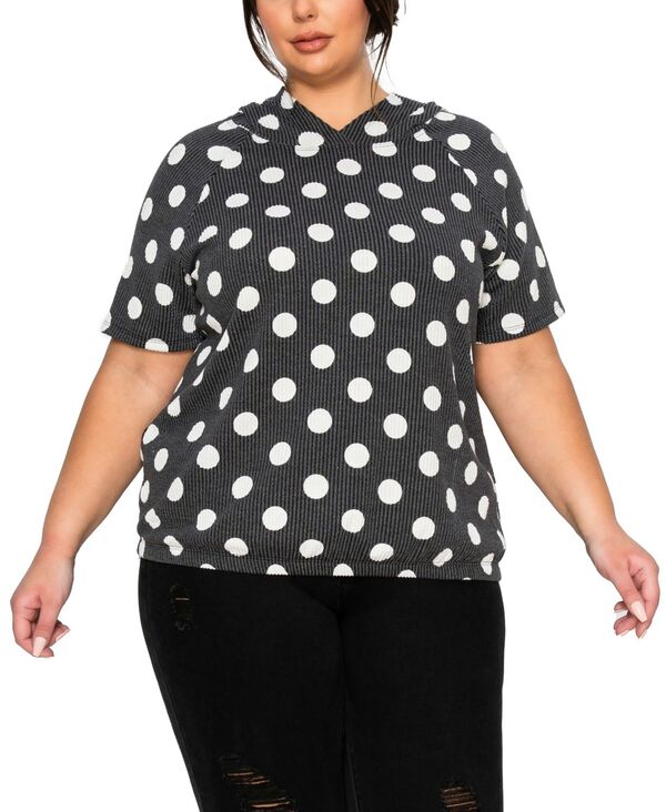 【送料無料】 コイン1804 レディース パーカー・スウェット アウター Plus Size Polka Dot Double Knit Hoodie Short- Sleeve Elastic Hem Top Black/White｜ReVida 店