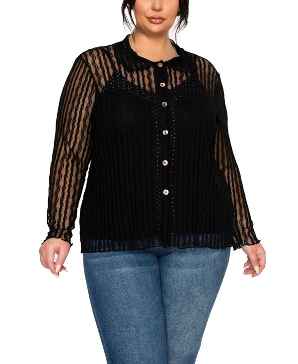 【送料無料】 コイン1804 レディース シャツ トップス Plus Size Vertical Floral Stripe Lace Button Front Shirt Black