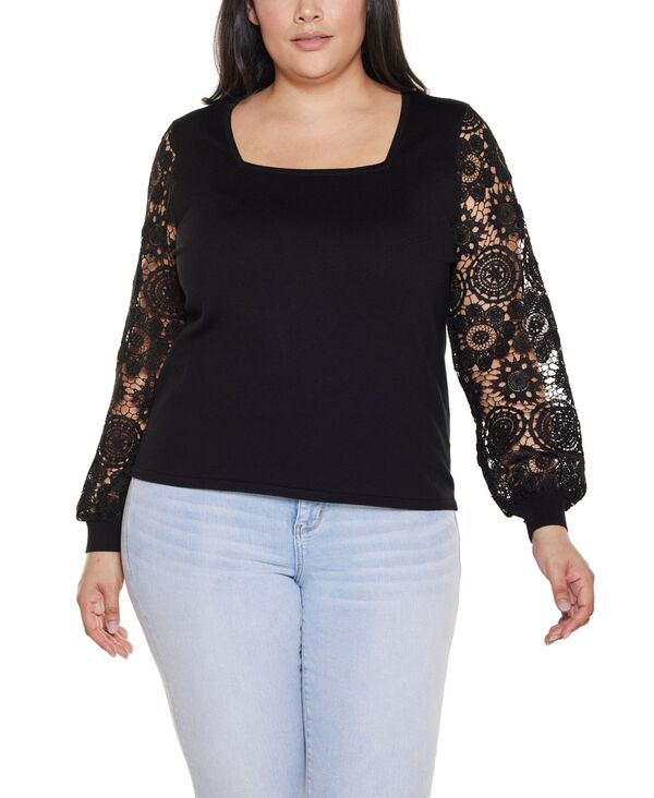 【送料無料】 ベルディーニ レディース ニット・セーター アウター Plus Size Crochet Lace Blouson Sleeve Sweater Black